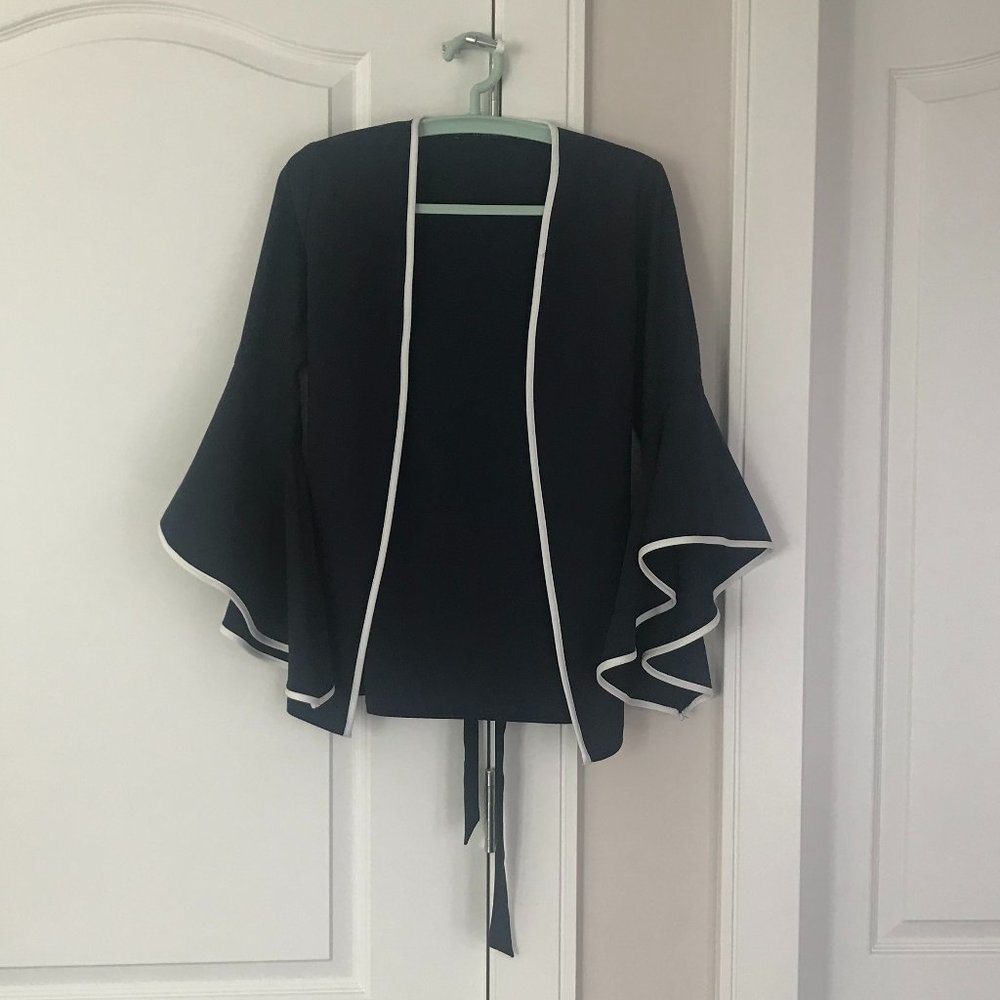 Zara Navy Blue Blazer Jacket Cardigan with White Stripe and Fancy sleeves XS